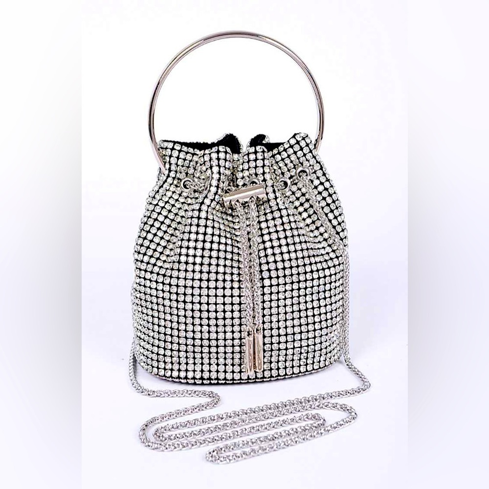 Clear Rhinestone Swing Handle Drawstring Tassel Closure Bucket Bag